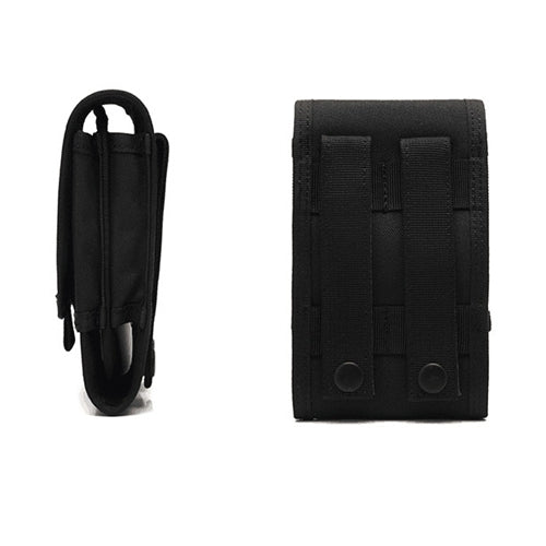 Black pocket wallet with side straps and snap closure, front and back views