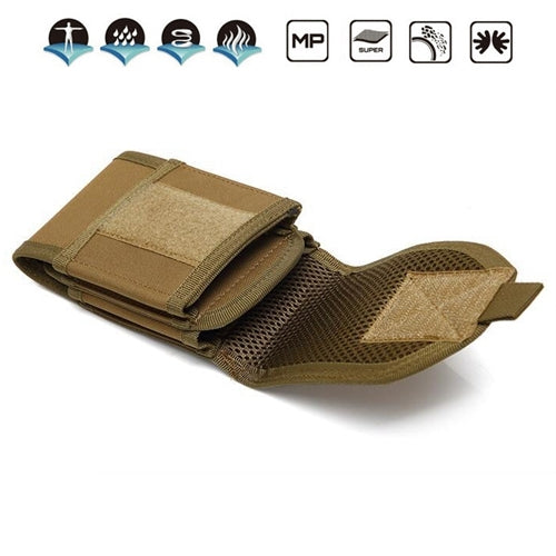 Tan multifunction pocket wallet with mesh panel and fold-over flap, compact waist carry