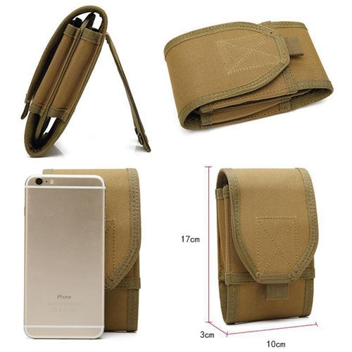 Tan pocket wallet with phone sleeve and card slots, belt loop and flap closure
