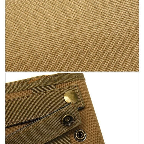 Tan pocket wallet detail showing hook-and-loop panel and metal snap hardware