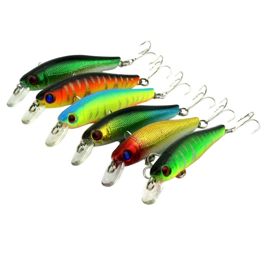 Set of 6 hard plastic minnow lures in green, gold, orange, and blue with treble hooks
