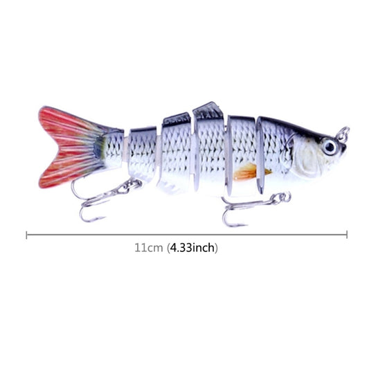 Multi-section hard plastic fishing lure with silver body, red tail, and three treble hooks