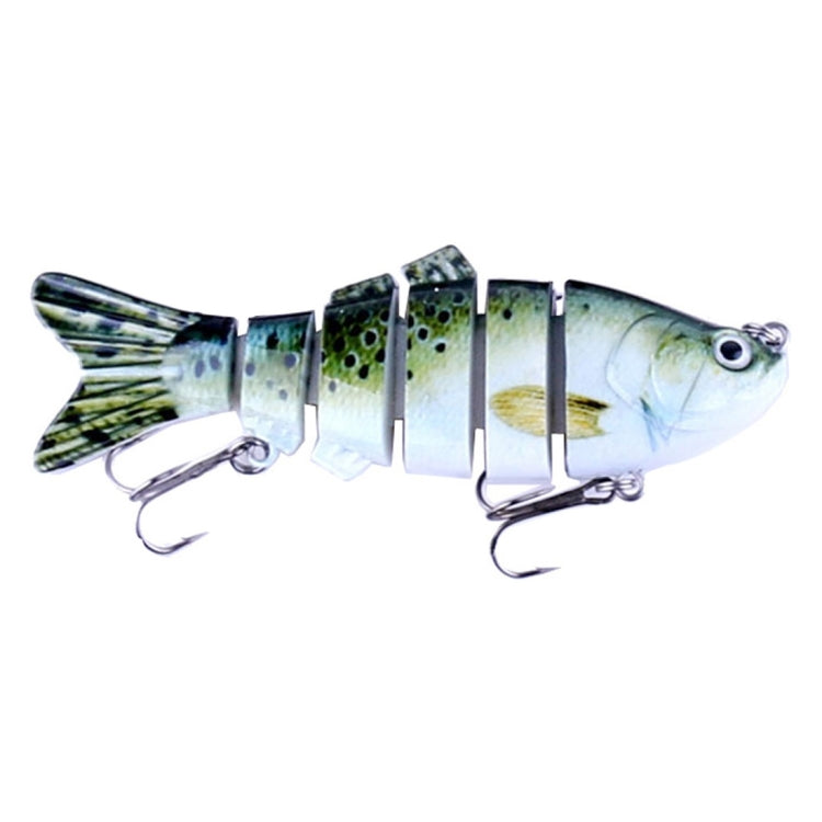 Multi-section hard plastic fishing lure in green and silver scales with treble hooks
