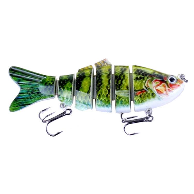Multi-section hard plastic fishing lure, green patterned body with red accents and treble hooks