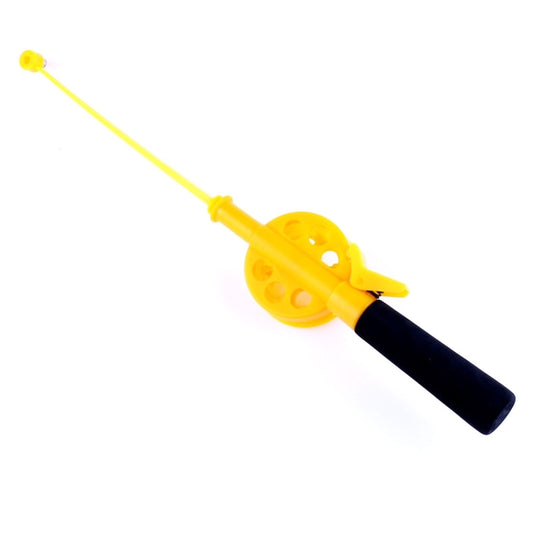 Yellow plastic mini ice fishing rod with black handle and line tip