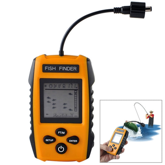 Portable wired fish finder with orange body, LCD screen, and connected sonar cable