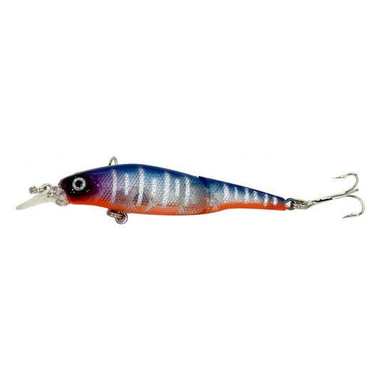 Two-piece plastic hard fishing lure with treble hooks, blue back and red belly