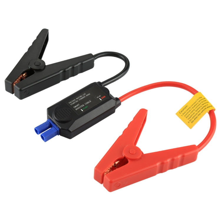 Smart booster cable kit with black control box, blue plug, and red battery clamps