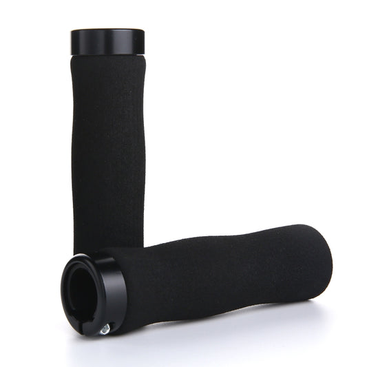 Black sponge bicycle handlebar grips with alloy lock-ring end caps