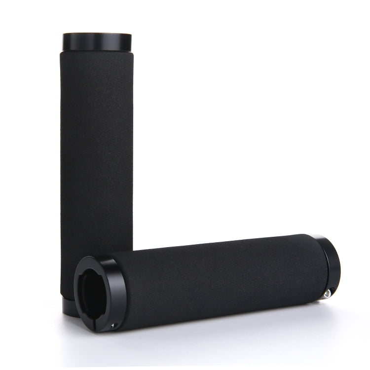 Black sponge bicycle handlebar grips with alloy lock rings and end caps