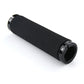 Black sponge bicycle handlebar grips with alloy lock rings, angled view