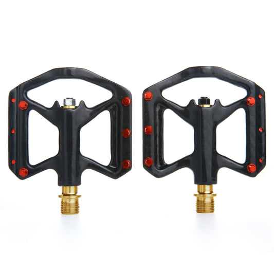 Road bike flat pedals, pair; black platform with gold axle and red retention screws