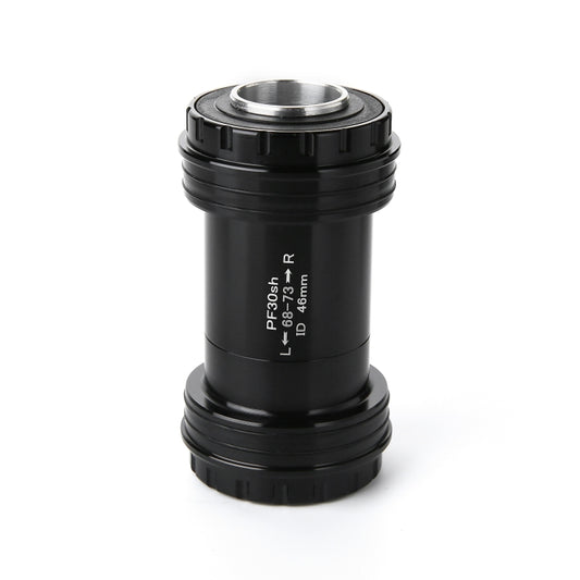 Black PF30 press-fit bottom bracket shell with bearing seat, marked PF30sh-R