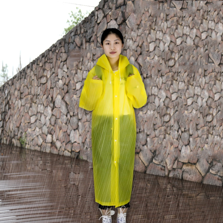 Yellow transparent hooded one-piece raincoat with long sleeves and button front