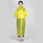 Yellow hooded raincoat with long sleeves, button front, roomy one-piece design