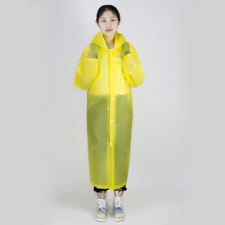 Yellow hooded raincoat with long sleeves, button front, roomy one-piece design
