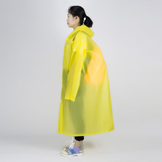 Side view of yellow transparent raincoat with hood and long sleeves