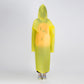 Rear view of yellow hooded one-piece raincoat with long sleeves and button placket