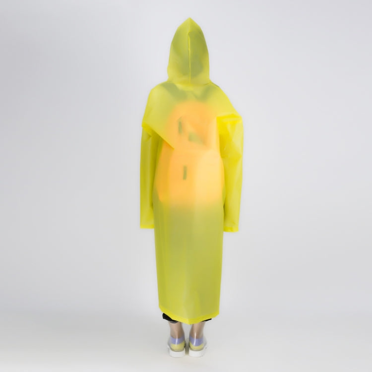 Rear view of yellow hooded one-piece raincoat with long sleeves and button placket