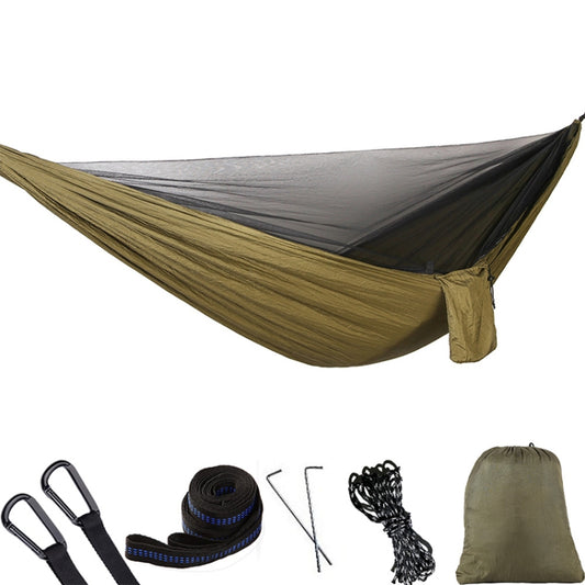 Army green parachute hammock with black mosquito net plus rope, carabiners, storage bag