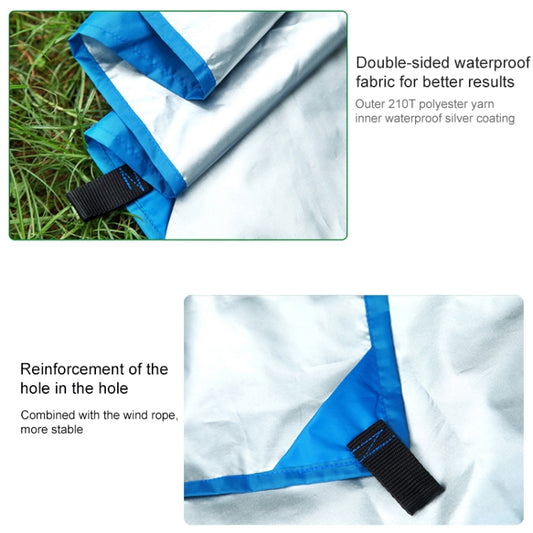 Blue-and-silver waterproof tent fabric panel with strap detail and reinforced tie