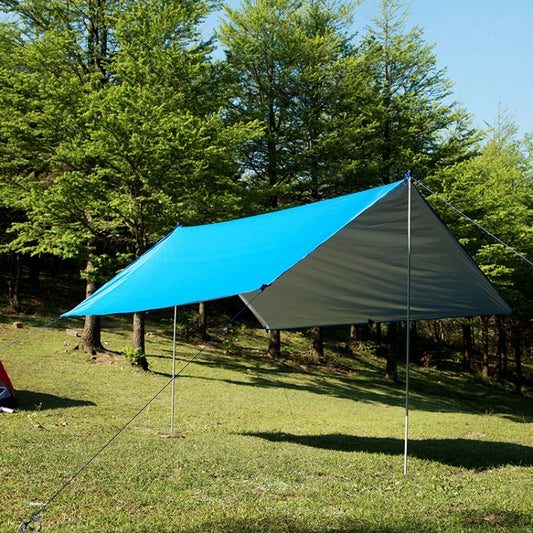 Blue waterproof beach awning tent with triangular canopy and support poles