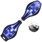 Blue two-wheel skateboard with Vulcan pattern deck and illuminated wheel hardware close-up.