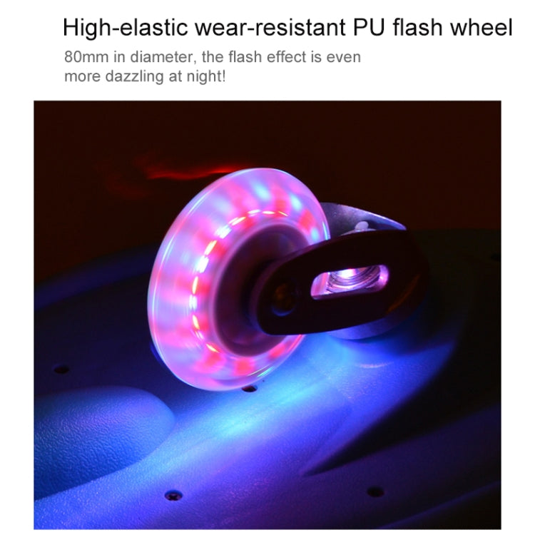 Two-wheel flash skateboard with glowing PU wheel, black deck and silver trucks