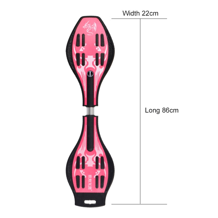 Red and black two-wheel skateboard shown front and back size outline, width 22cm.