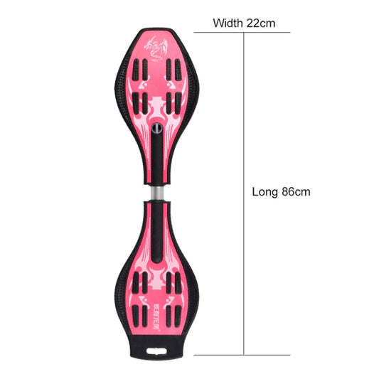 Red and black two-wheel skateboard shown front and back size outline, width 22cm.