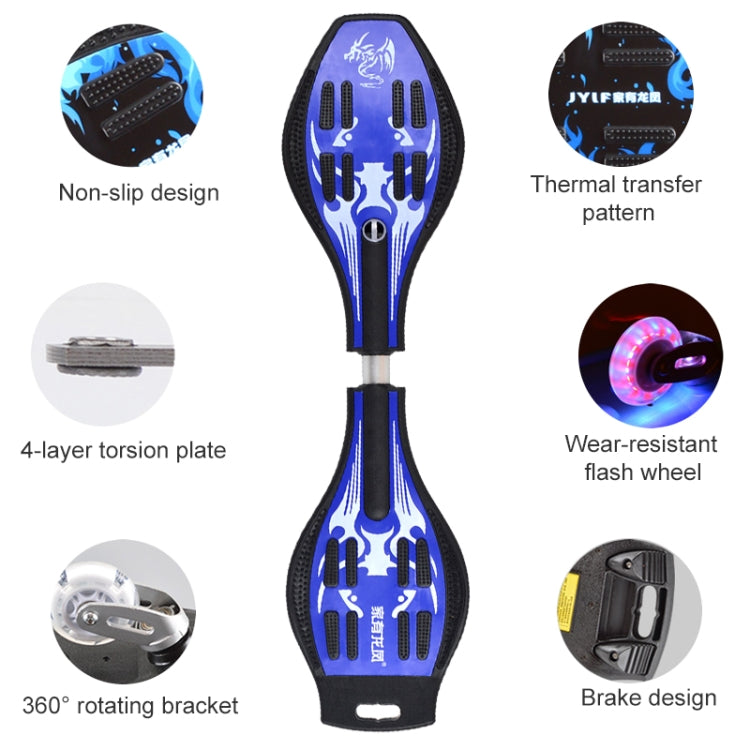 Blue luminous flash wheel skateboard with anti-slip grip, torsion plate, and brake design.