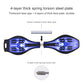 Blue skateboard deck underside with spring torsion steel plate and impact-resistant frame.