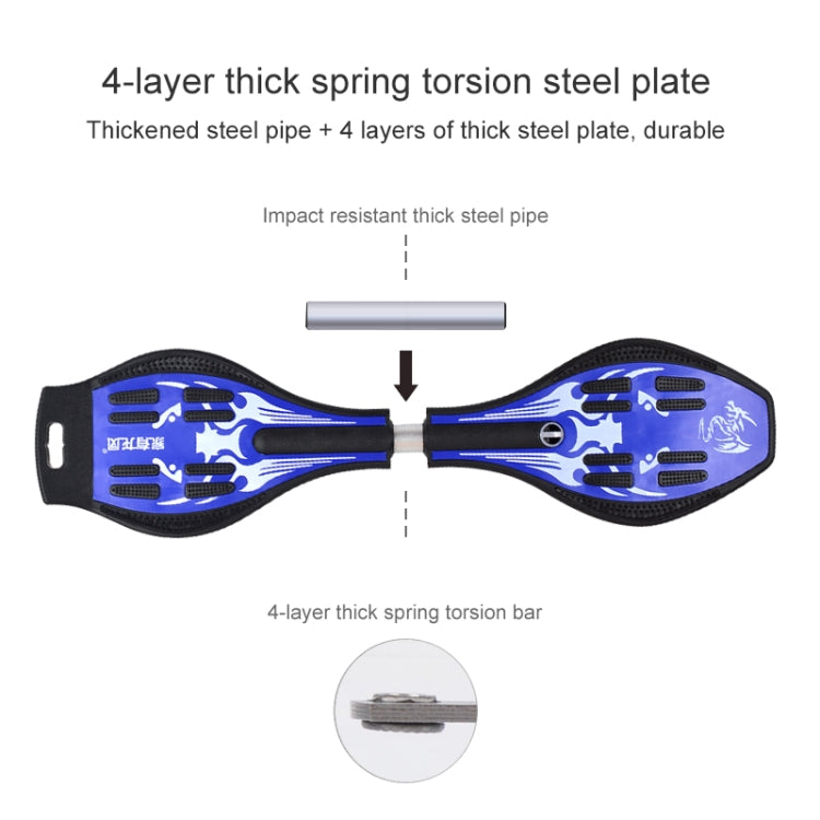 Blue skateboard deck underside with spring torsion steel plate and impact-resistant frame.