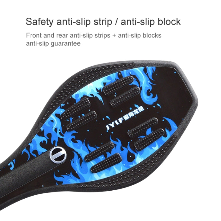 Blue skateboard deck nose with textured anti-slip grip and Vulcan pattern graphic.