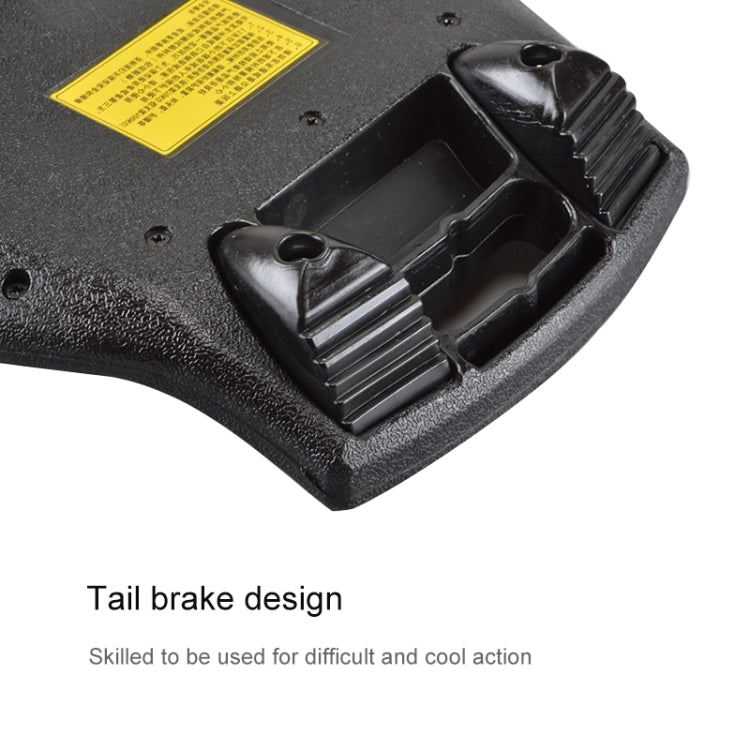 Skateboard tail brake design with textured deck grip and rear braking feature.