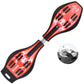 Two-wheel skateboard with red-and-black Vulcan pattern deck and flash wheels