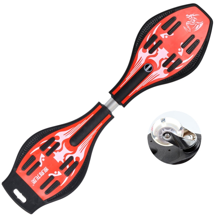 Two-wheel skateboard with red-and-black Vulcan pattern deck and flash wheels