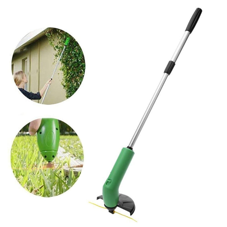Cordless weed trimmer with green handle, silver shaft, black cutting head, yellow line