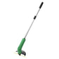 Cordless weed trimmer tool with green grip, silver pole, black head and yellow line