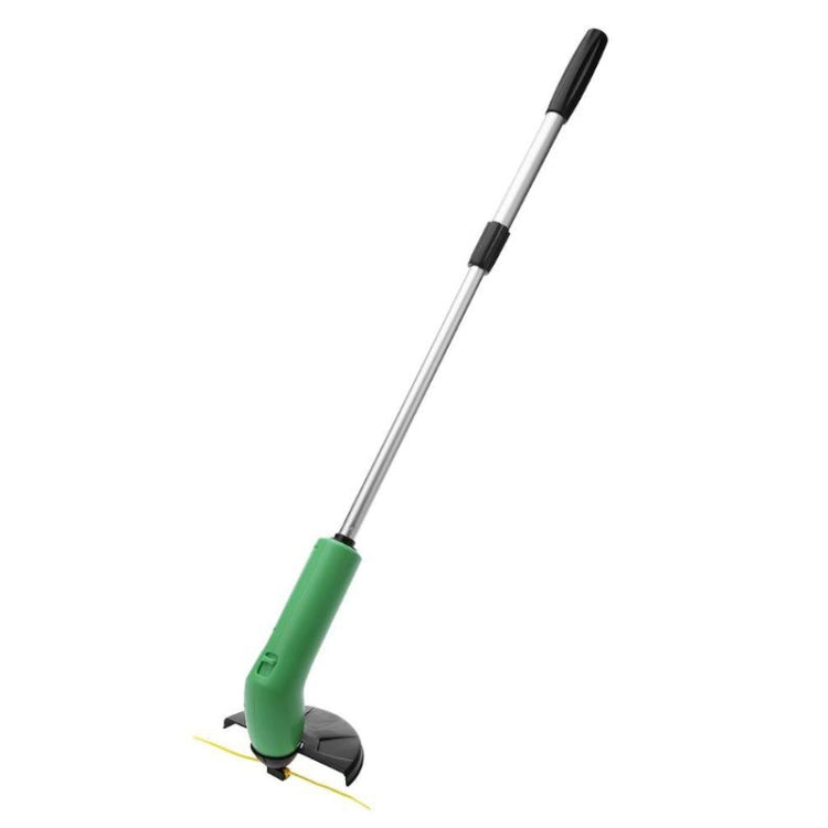 Cordless weed trimmer tool with green grip, silver pole, black head and yellow line