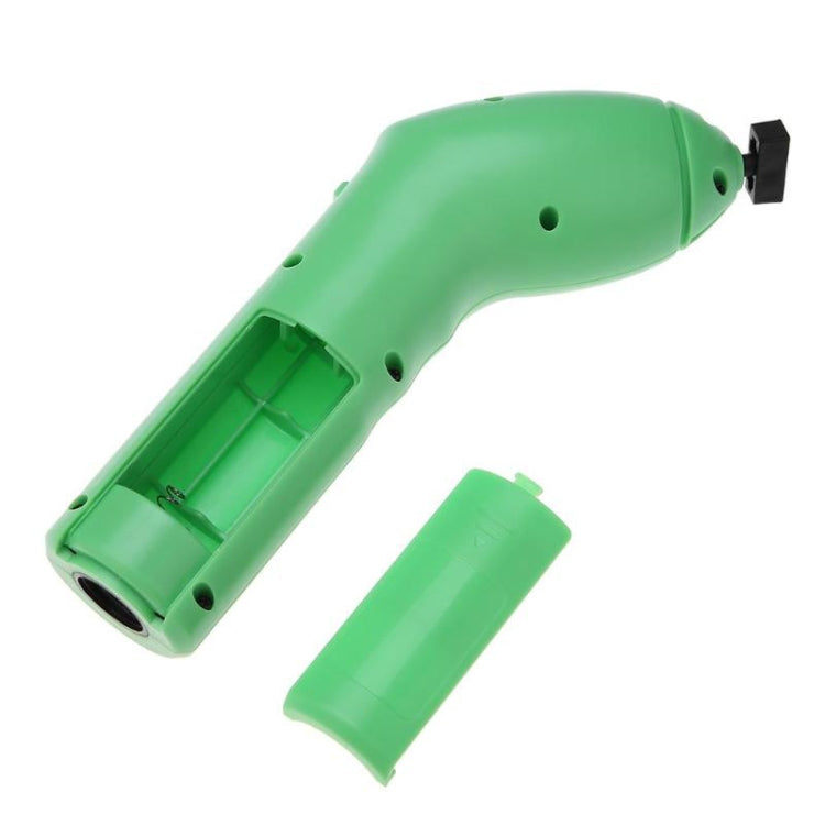 Green handheld trimmer body with open battery cover and spare cap