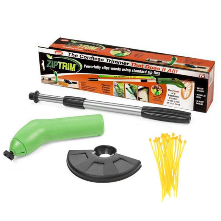 Cordless weed trimmer kit with green handle, black head, yellow line strands, box