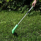 Handheld cordless weed trimmer with green base, silver pole, black head and yellow line