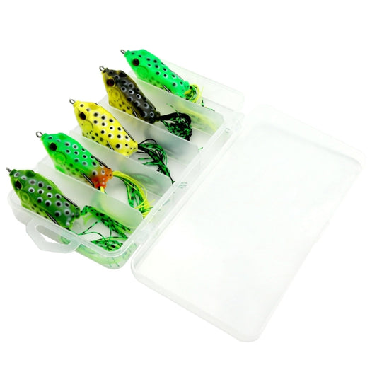HENGJIA soft plastic frog lure set in clear storage box, 5 colorful baits with hooks