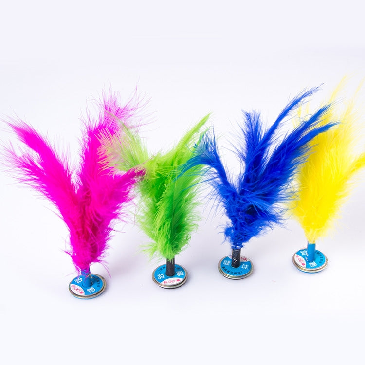 Colorful feather kick shuttlecocks with long plumes and round printed bases for foot exercise