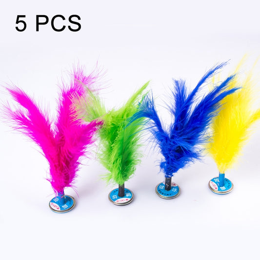 Feather kick shuttlecocks set with long plumes in pink, green, blue, and yellow on round bases
