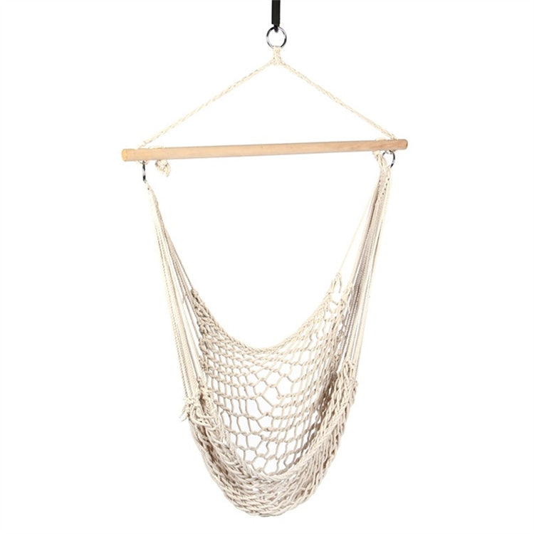 Rope net hammock swing with wooden crossbar and hanging straps, front view