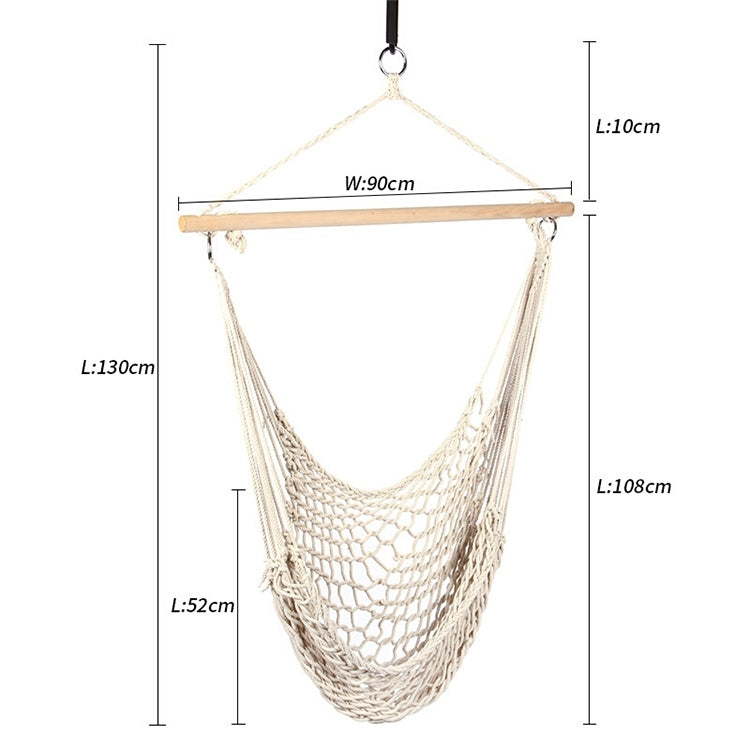 Cotton rope net hammock swing with wooden bar and hanging cords, dimension diagram