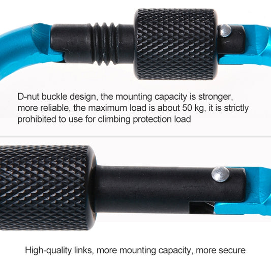 D-ring buckle lock detail with black textured grips on aluminum carabiner