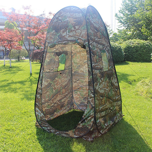 Camouflage clothes changing bath tent with zip front and open doorway